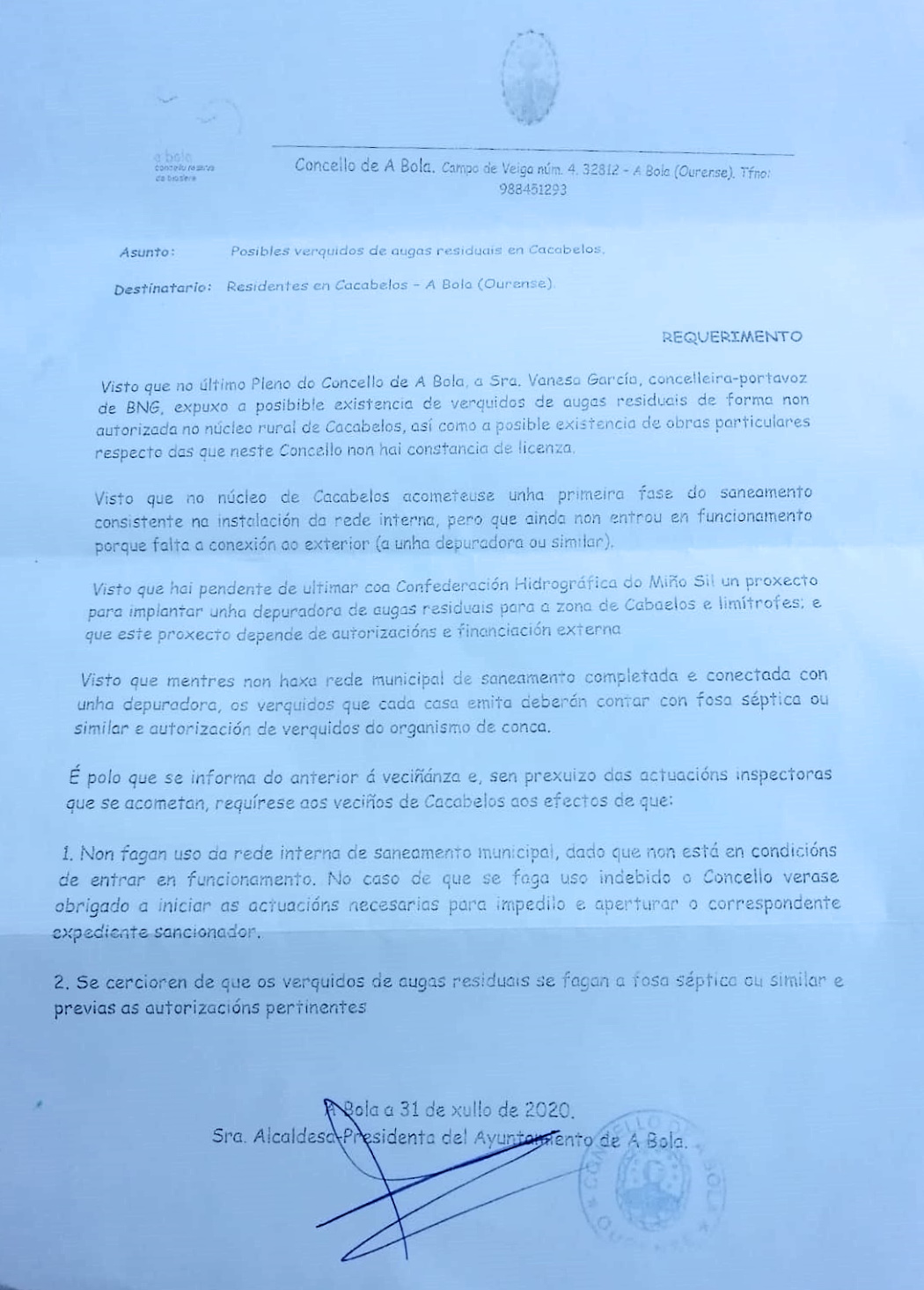Carta da Alcaldesa da Bola aos veciños. 31 de xullo